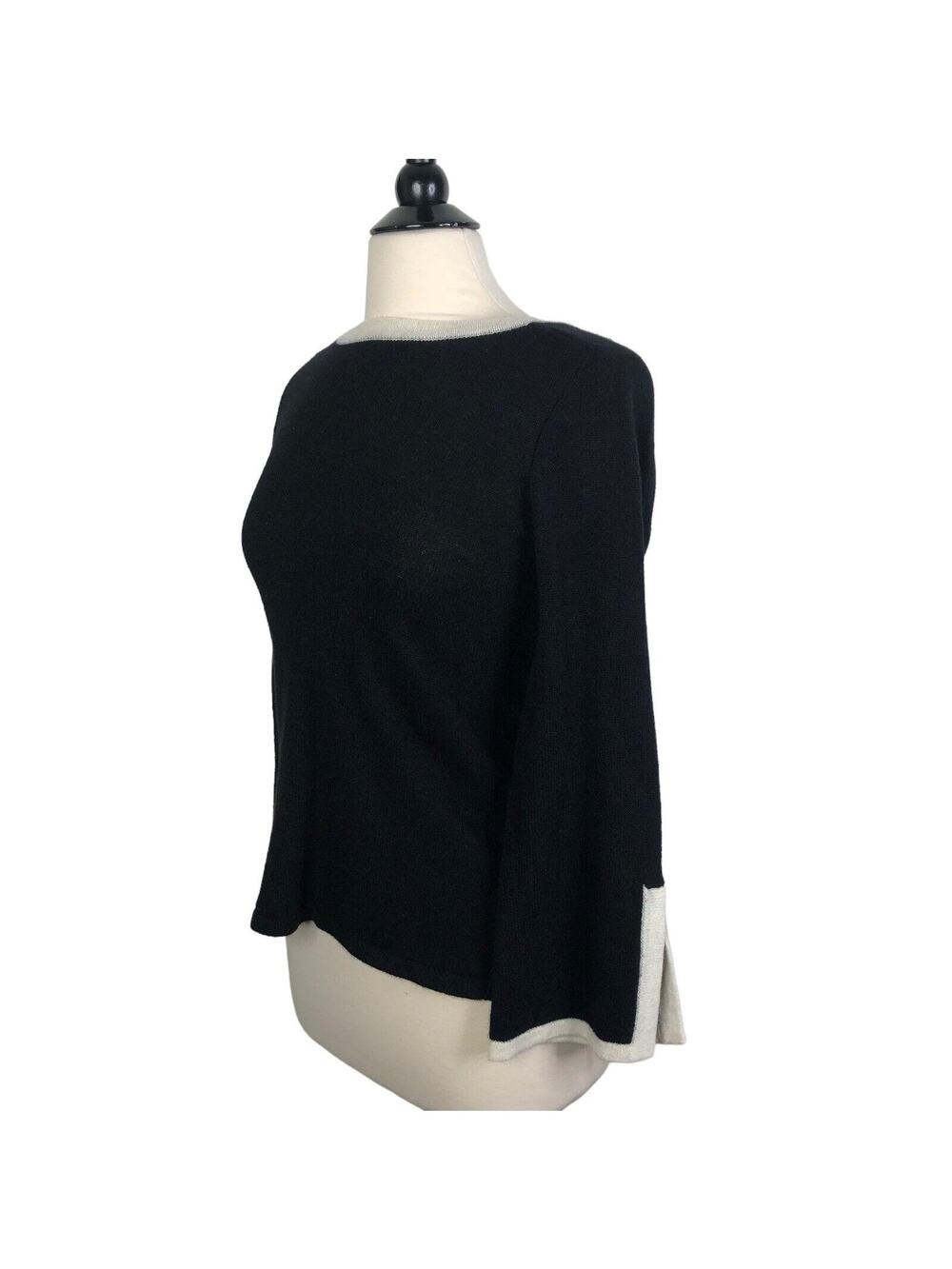 NEW Claudia Nichole 100% Cashmere Black Cream Split Sleeves Sweater Women's XS